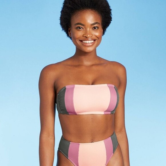 Xhilaration Juniors' Colorblock Bandeau Bikini Top Pink/Blue D/DD - Picture 1 of 5